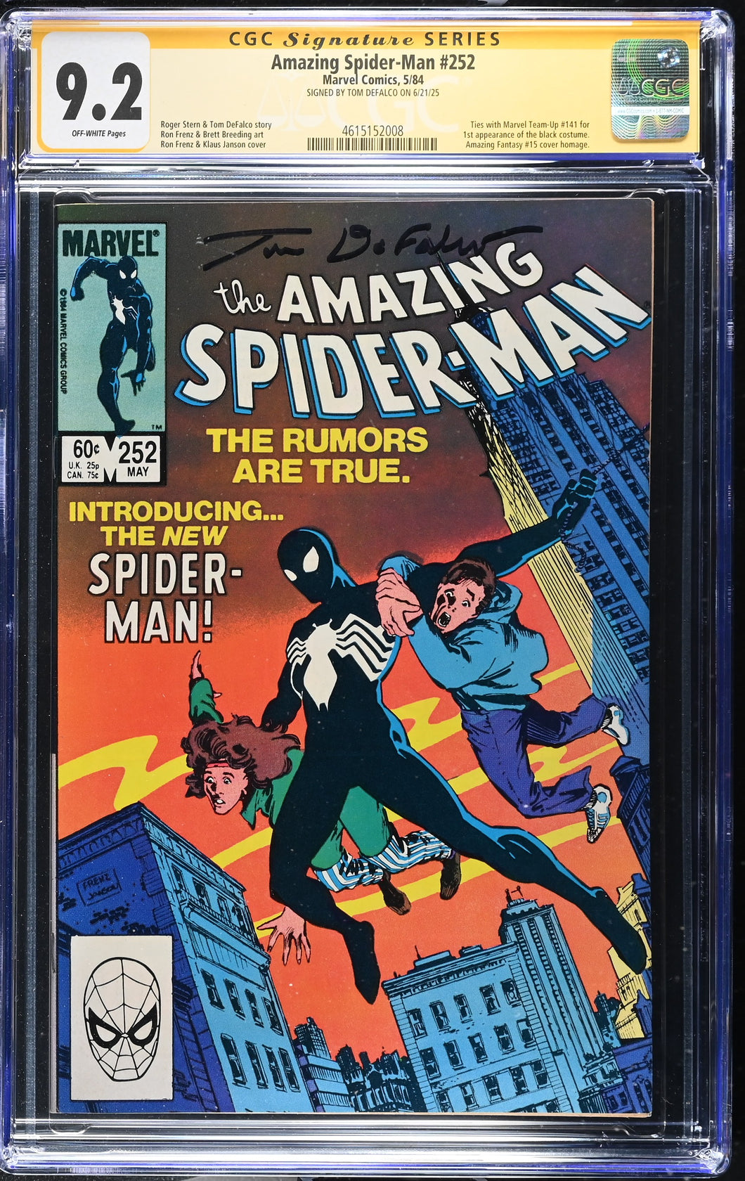Amazing Spider-man #252, 1984 Signed Tom Defalco, 1st Black Suit! CGC SS 9.2